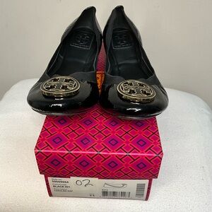 Tory Burch Black Patent Flats with Gold Logo
